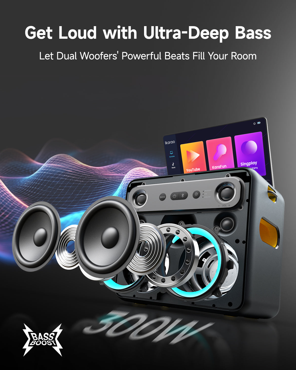 Machine de Karaoké Intelligente Ikarao pour Adultes avec Affichage des Paroles sur Écran, 2 Micros sans Fil, Enceinte Bluetooth Portable pour Fêtes Musicales