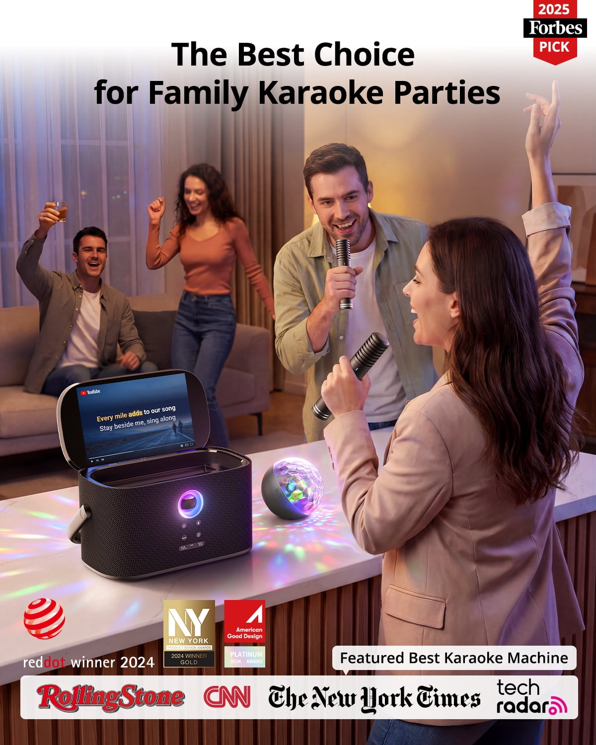Ikarao Portable Karaoke Machine for Adults with Disco Ball Party Light, Built-in Lyrics Display Screen, 2 Wireless Microphones, 140W Speaker, HDMI TV Connection, Karaoke App, Bluetooth 5.4