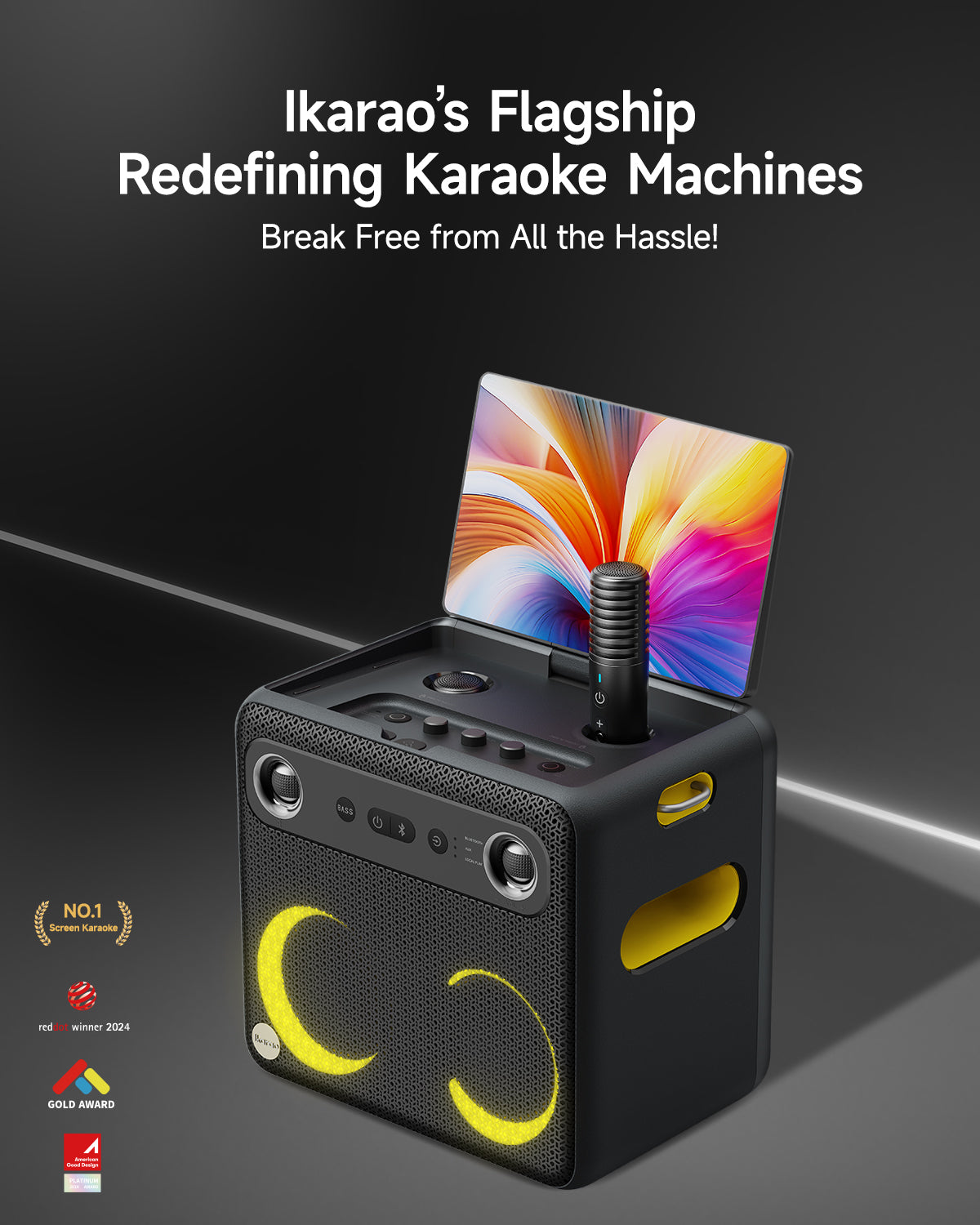 Machine de Karaoké Intelligente Ikarao pour Adultes avec Affichage des Paroles sur Écran, 2 Micros sans Fil, Enceinte Bluetooth Portable pour Fêtes Musicales