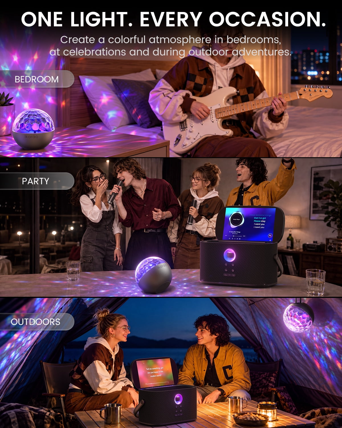 Ikarao Portable Karaoke Machine for Adults with Disco Ball Party Light, Built-in Lyrics Display Screen, 2 Wireless Microphones, 140W Speaker, HDMI TV Connection, Karaoke App, Bluetooth 5.4