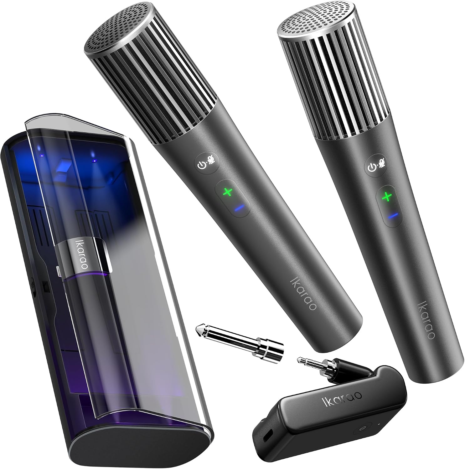 Ikarao MICBOX PRO wireless microphone system in black with two microphones, receiver, and UV storage case