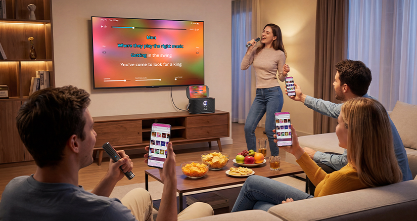 IKARAO playing lyrics on a television while guests use phones and microphones